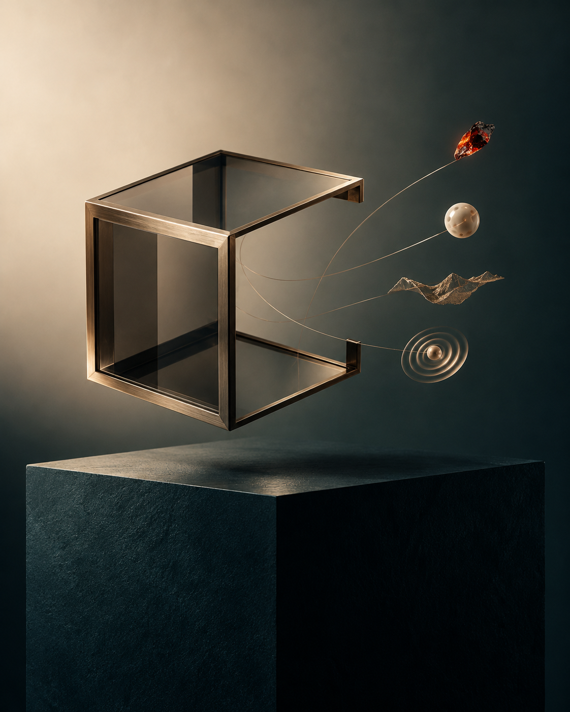 An open, sculptural cube with four delicate forms emerging from its edges, a study in ideas taking shape.